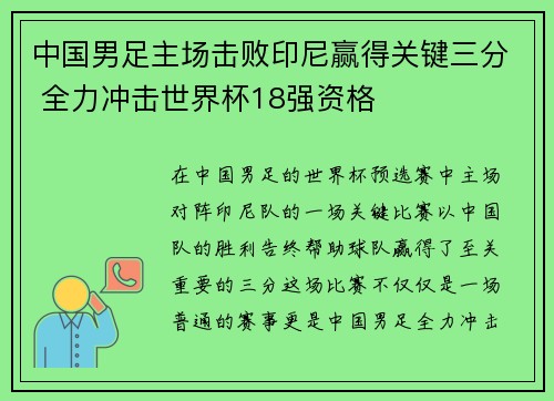 中国男足主场击败印尼赢得关键三分 全力冲击世界杯18强资格 中国男足主场击败印尼赢得关键三分 全力冲击世界杯18强资格