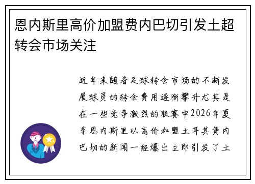 恩内斯里高价加盟费内巴切引发土超转会市场关注 恩内斯里高价加盟费内巴切引发土超转会市场关注