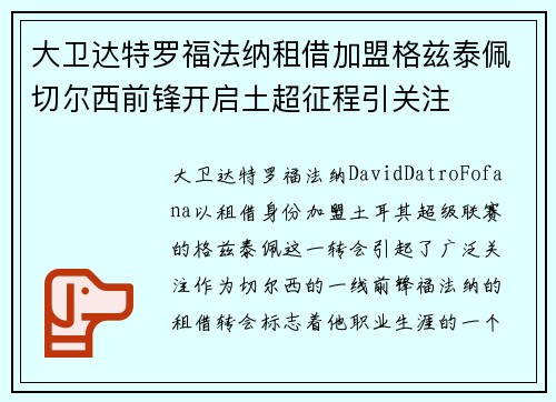 大卫达特罗福法纳租借加盟格兹泰佩切尔西前锋开启土超征程引关注